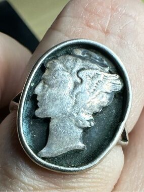 Sterling Silver Winged Mercury Signet Ring - Black and Silver